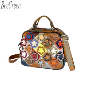 BeeGreen Women Genuine Leather Shoulder Bag Fashion Colorful Flower Patchwork Handbag Versatile Sling Bag