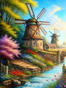 Huacan New Arrivals Diamond Painting Windmill Creek Village Diamond Embroidery Landscape Complete Kit Picture Of Rhinestones