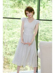 Elegant French Style Embroidered V-Neck Waist-Cinching White Dress