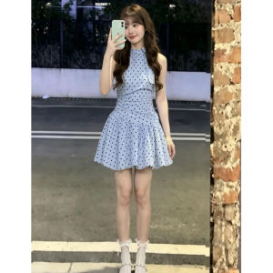SENWA | French Style Blue Polka Dot Halter Waist-cinching Floral Short Dress Summer