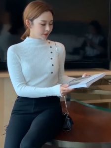 Autumn and Winter Half High Neck Knitted Top Women Long Sleeve Slim Fit Button Sweater