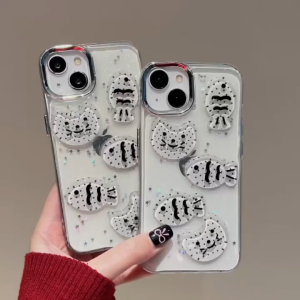 3D inlaid polka dot cat fish dropper phone case for iPhone 11 12 13 14 15 16 Pro Max Plus casing Transparent glitter soft cover for iPhone14Promax case