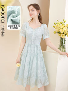 Blue Fantasy Casual Embroidered Dress Princess Style Short Sleeve High Waist Bubble Sleeve Womens Summer Design Sensation Dress