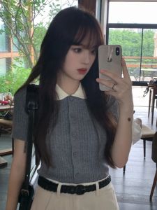 Gray Ice Silk Knitting Polo Shirt Shoulder Short Sleeve T-Shirt Womens Summer Stylish Slimming Cardigan Col Claudine Top Thin