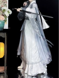 ชุดฮันฟูสไตล์จีนสำหรับผู้ชายและผู้หญิงในช่วงฤดูร้อนปี 2024 ชุดฮันฟูสไตล์จีนโบราณเอวสูงคอวีผ้าโพลีเอสเตอร์