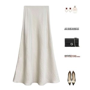 Elegant A-Line Midi Skirt for Women High Waist Slimming Vinegar Acetate Fabric Commute Style Simple Design Mid-Length Skirt