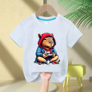 Cute Capybara Loves Bubble Tea print kids T-Shirt summer childrens pure cotton short-sleeved casual tops boys and girls gifts