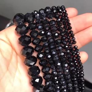 Faceted Black Glass Crystal Rondelle Beads Loose Spacer Beads For Jewelry Making DIY Bracelet Necklace Strands 4/6/8/10/12/14mm