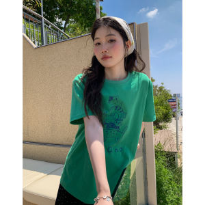 Stylish Mint Green 100% Cotton Loose Straight Shoulder T-Shirt