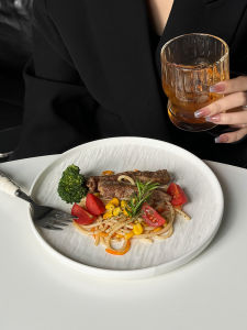 High-End Ins Style Western Dinner Plate Pasta Dessert Rock Pattern Breakfast Plate Ceramic round Plain Dish Universal Use