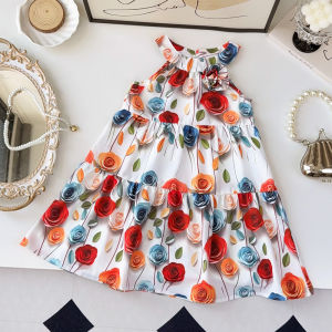 Bear Leader Summer 3D Floral Print Halter Princess Dress Kids Outfits for Girls Clothes 3-7 Years Sweet Baby Girls Beach Vacation Wear Dresses