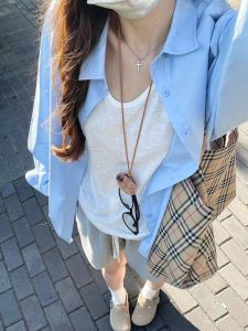 Pure Cotton% Pure Cotton Purplish Red Bandage Dress Shirt Womens Inner Wear Niche Design Loose Long Sleeve Shirt Outer Wear Fashion