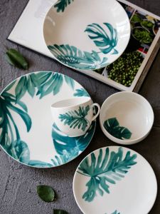 Loubens Nordic Style Ceramic Dinnerware Set Breakfast Plate Coffee Cup Underglaze Color Home Use round Shape Plant Floral