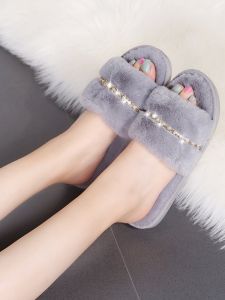 Womens Flat Bottom Slippers Fall New Style Diamond Student Open Toe Versatile Cotton Slippers Soft Girl Plush Slip-On Shoes