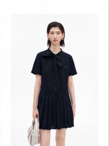 Linen Feel Collared Pleated A-Line Dress