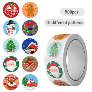 500 Pcs Christmas Stickers Roll 1 Inch Self Adhesive Envelope & Round Stickers Round Xmas Label Tag Seal Sticker for Christmas