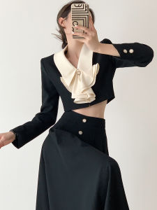 Elegant Womens Short-Sleeved Tailored Suit Coat Polyester Fabric with Lotus Leaf Collar and Bow Details New Spring/Autumn Arrival