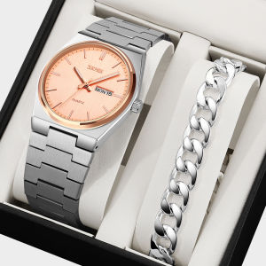 SKMEI【Free Cuban Bracelet Gift】Quartz Movement Solid Stainless Steel Strap Daily Wear Plain Atmosphere Fashion Business Comfort Charm Mens Watch 9288