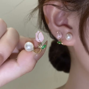 Pink Tulip Flower earrings korean style pearl earrings Hypoallergenic 925 Silver Needle Temperament Earring for Women Stud Earrings gift ideas for women girlfriend Jewelry party earrings for evening gown earings for women earrings fashion ear accessories