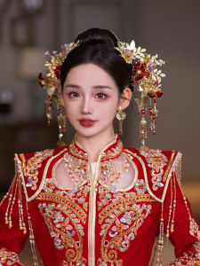 เครื่องประดับผมสไตล์จีนโบราณสีแดงสำหรับเจ้าสาว ชุดราตรี ชุดแต่งงาน มงกุฎ ดอกไม้ ประดับเพชร คริสตัล วินเทจ ฤดูหนาว 2023