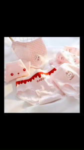 Quần lót nữ màu hồng nhạt với họa tiết Thỏ và chữ "RABBIT" trên nền vải sọc mịn.