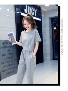 ชุดกีฬาลำลองฤดูร้อนสำหรับผู้หญิง ชุดสองชิ้น แขนสั้น หลวม สไตล์ใหม่ เสื้อยืด กางเกงขายาว 9 ฟุต แฟชั่น เสื้อผ้าทำงาน