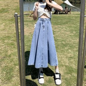 Summer Fashion Womens Maxi Jean Skirt Elastic High Waist Splicing A-Line Denim Skirts Causal Fashion Clouthes Loose Long Plus Size Plain Color #F1889