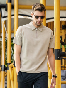Enjeolon | Half-Zip Polo Shirt Short Sleeve American Shoulder Sleeve Turned Collar Solid Color Sport Top