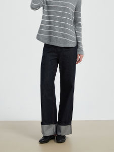 Petit Bari | Vintage Washed Utility Style Loose Wide Leg High Cotton Content Slim Fit Jeans