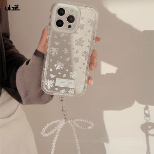 White Floral Phone Case with Pearl Lanyard  for iPhone 16 15 Pro Max Plus 14 13 12 11 XS X XR Cute Mirror Protective Phone Cover