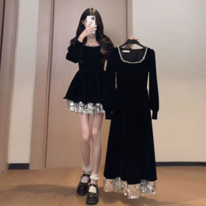 CHANGTONG | Elegant Audrey Style Sequined Puffy Pinched Waist Little Black Dress