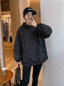 Design New Spring/Autumn Womens Black Long Hooded Jacket With Slanted Zipper