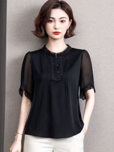 Womens Chiffon Shirt 2024 Summer New Arrival Short Sleeve K-style plus Size Womens Clothes Top Western Style Slimming Lace Small Shirt Fashion