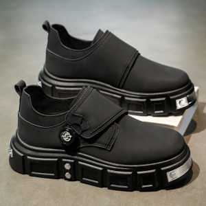 Mens Winter Retro Pure Black Trendy Brand Large Head Derby Shoes Leather Upper Heightening Thick Bottom Casual Trendy Shoes