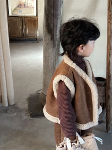 Winter Fashion Kids Two-Piece Set Lamb Fur Vest And Fleece Lined Straight Leg Pants New Years Celebration Clothing for Boys