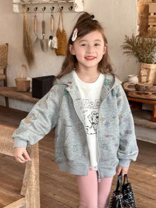 Trendy Childrens Spring Autumn Cartoon Hooded Jacket Girls Fashionable Outerwear Soft Cotton Zipper Closure Long Sleeve