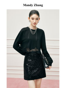 Elegant Design Black Lace Trim Hoodie Fall