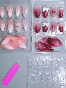 Bộ Móng Tay Giả Pháp Ombre Thủ Công Size L Đính Đá Pha Lê Hợp Kim Kẽm Dán Liền Bộ 24 Móng.
