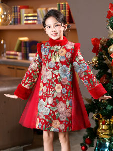 Princess Style Qipao Dress Winter Fashion Childrens New Year Clothes Long Sleeve Embroidered A-Line Skirt for Girls