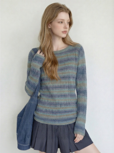 Vintage Gradient Blue and Brown Striped Womens Knitwear