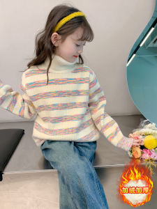 Áo Len Dệt Kim Dày Cổ Cao Lót Lông Cừu Cho Bé Gái Mùa Đông 2024 Áo Sơ Mi Cổ Polo Kẻ Sọc Dài Tay Phong Cách Hàn Quốc Dành Cho Nữ