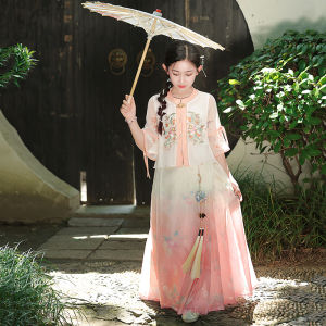 New 2025 Chinese Style Girls Hanfu Set Ancient Childrens Ming Dynasty Tang Costume Summer Dress Polyester Fiber Spring Autumn