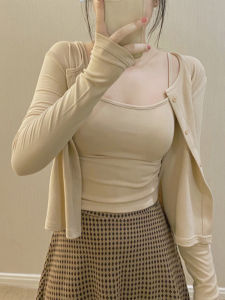 Fashionable Slimming Strap Vest Cardigan Shoulder Shawl Two-Piece Set Casual Womens Clothing Commute Style Button Detail Short Sleeve Long Sleeve Solid Color