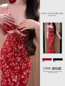 French Unique Sleeveless Beautiful Dress Womens Summer New Elegance Lady Year Meeting Red Evening Gown Midi Dress V-neck