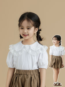 เสื้อยืดแขนสั้นผ้าฝ้ายลายลูกไม้สีขาวสำหรับเด็กผู้หญิง ทรงหลวม สไตล์เจ้าหญิง แขนพอง คอตุ๊กตา ทรงเข้ารูป ฤดูร้อน