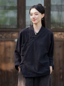 New Chinese Style Top Women Autumn Cotton and Linen Chinese Style Buckle Diagonal Placket Long sleeve Shirts Meditation Lay Buddhist Clothes Tea Suit Cardigan