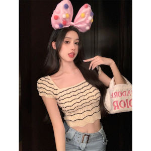 Áo Len Dệt Kim Tay Ngắn Cổ Vuông Mỏng Mùa Hè Cho Nữ Thiết Kế Ôm Vừa Vặn Áo Sơ Mi Lót Bên Trong Chất Liệu Sợi Cellulose