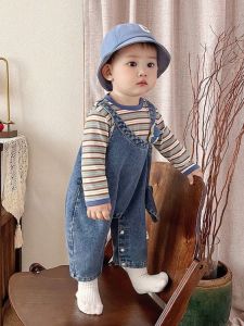 Baby Boys Girls Outfit Dinosaur Cartoon Bib Overalls Long Sleeve Striped Two Piece Set Comfortable Polyester Fiber Spring Autumn