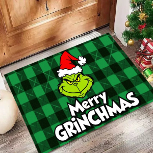 VIKAMA Green Checkered Gremlin-Patterned Rug Bedroom & Living Room Decorative Floor Mat Soft and Comfortable Home Decor Rug