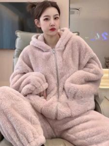 Bộ Đồ Ngủ Lông Cừu Coral Hat Dành Cho Nữ Mùa Đông Mới Ngoài Trời Hai Mặt Dày Ấm Áp Hai Mảnh Quần Áo Mặc Nhà Đa Năng